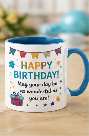 Happy Birthday custom mug — blue accent